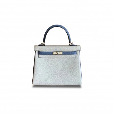 HERMÈS KELLY 25 TOGO HAZE BLUE AND AGATE BLUE SILVER BUCKLE (25*17*7cm) 